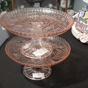 Set of (2) Elegant Pink Glass Cake Stands
